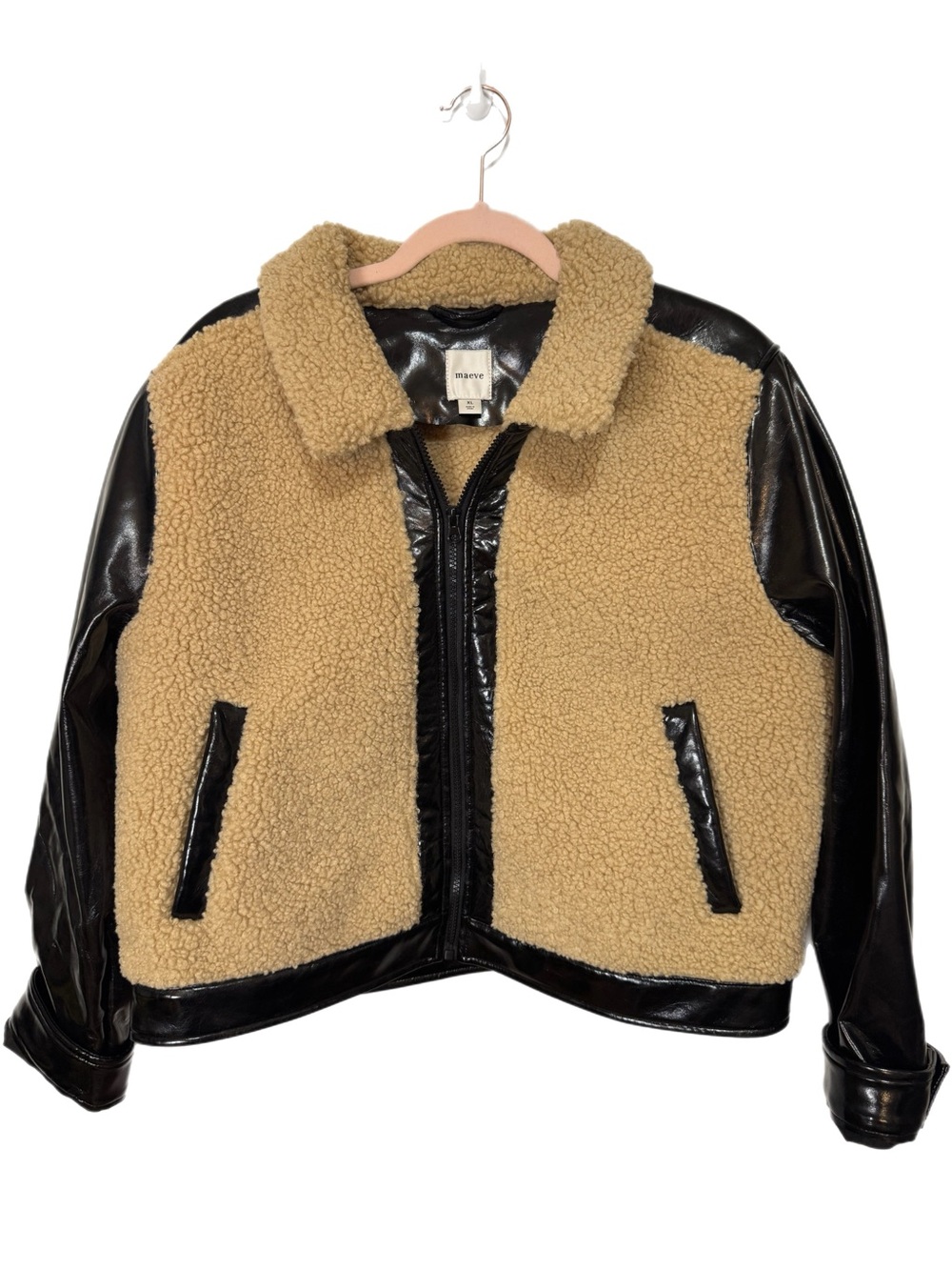 Anthropology Maeve - Tan Sherpa Jacket with Black Faux Leather Trim